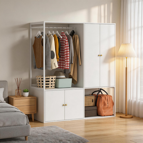 White Multi-Zone Wardrobe Cabinet with Hanging Rail and Closed Cabinets All-in-One Clothes Storage Organiser