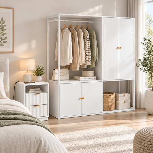 White Wardrobe and White Bedside Table with USB Charging Station Set