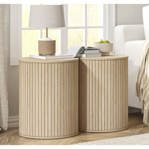 Byron Ribbed Timber Side Table Set of 2 - Natural Oak for Bedroom Living