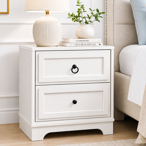 CABOT White 2 Drawer Bedside Table - Classic Hamptons Style