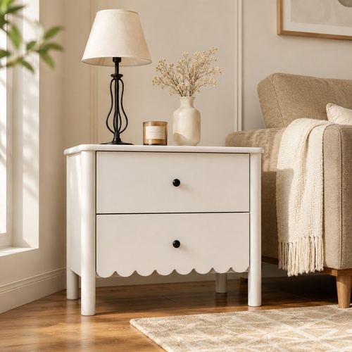 HARLA Side Table with Scalloped Cloud Edge,White 2 Drawer 