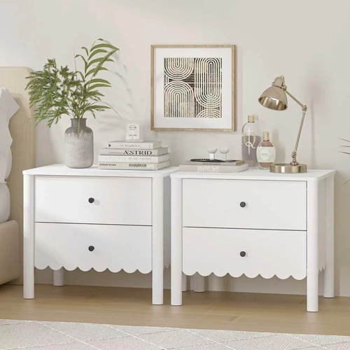 HARLA Bedside Tables Set of 2, White Scalloped Cloud Edge 2-Drawer Side Table