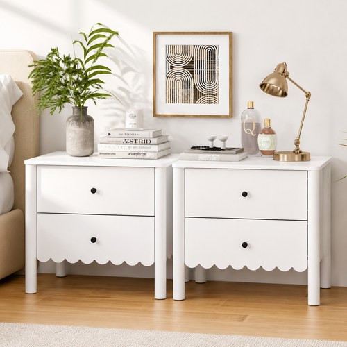 HARLA Bedside Tables Set of 2, White Scalloped Cloud Edge 2-Drawer Side Table