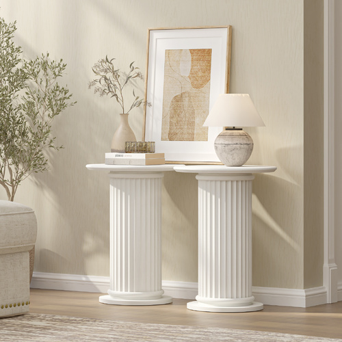 CORA White Roman Column Pedestal Table Set of 2 - Ribbed Fluted Side Table