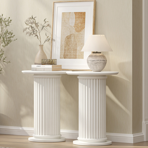 CORA White Roman Column Pedestal Table Set of 2 - Ribbed Fluted Side Table