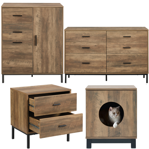 Bronx Tall Chest Wardrobe, Chest of 6 Drawers 2-Drawer Bedside Table, and Pet End Table Combo