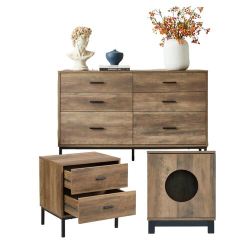 Bronx Chest of 6 Drawers Dresser, 2-Drawer Bedside Table, and Pet End Table Bundle