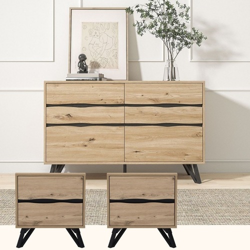 Grayson Chest of 6 Drawers Tallboys Dressers Storage Drawers +  Bedside Table With 2 Drawers Nightstand W/Black Metal Leg Bedroom Furniture