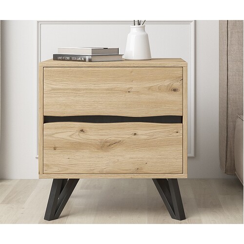 Grayson  Bedside Table With 2 Drawers Nightstand W/Black Metal Leg Bedroom Furniture Bedroom Drawers Night Table