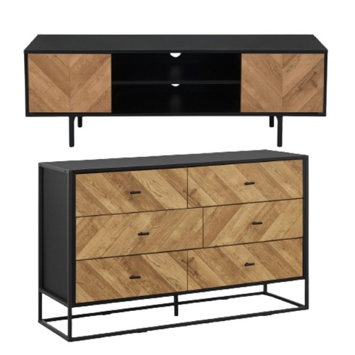 Black & Chevron Chest of 6 Drawers Dressers Tallboys + TV Cabinet TV Entertainment Units Cabinet 140cm Bedroom Storage Cabinet