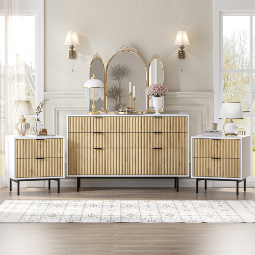 Cosmoliving Chelsea 6 Drawer Chest of Drawers with 2 Matching Bedside Tables | Complete Bedroom Storage Solution