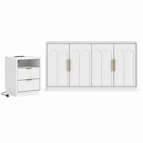 Modern White Sideboard Buffet Cabinet White Bedside Table with USB Charging Station