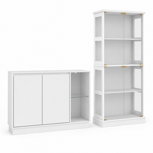 Modern White Storage Cabinet Set – LED Display Bookshelf & Sideboard Buffet for Living Room