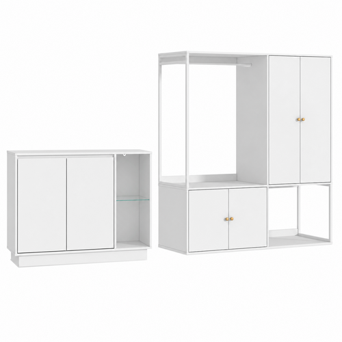 White Wardrobe and Sideboard Cabinet Set with Open Storage – Modern Home Organisation