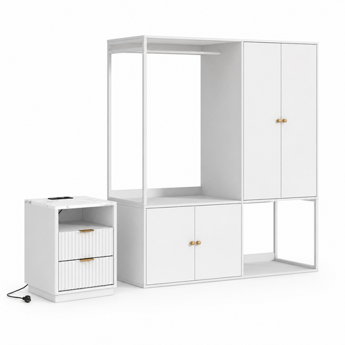 White Wardrobe and White Bedside Table with USB Charging Station Set